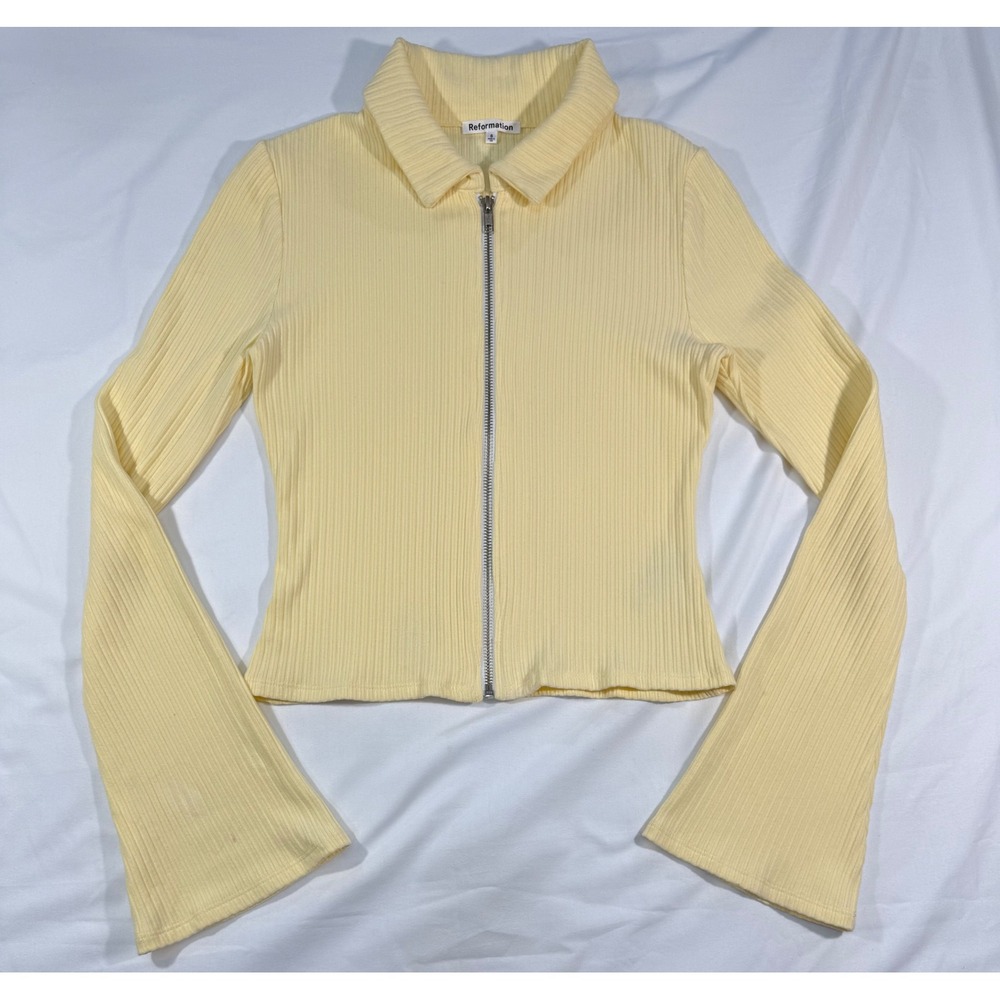 Reformation Yellow Ribbed Zip Up Bell Sleeve Top Small Tencel Organic Cotton